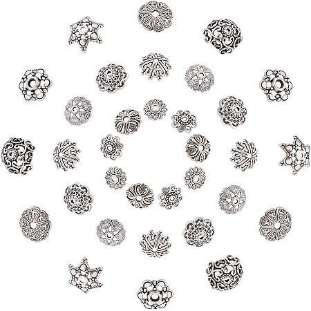 SUNNYCLUE 1 Box 100Pcs 10 Styles Metal Flower Bead Caps Tibetan Spacer Beads Caps Filigree Flower Brass Bead Caps Alloy Beads Spacer Accessories with Clear Box for Jewelry Making, Silver