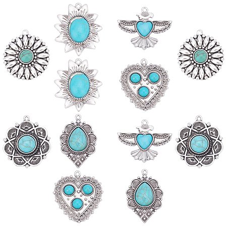 SUNNYCLUE 12Pcs 6 Style Tibetan Style Alloy Pendants, with Synthetic Turquoise, Teardrop & Heart & Flower & Glede, Antique Silver, 36.5x25x6mm, Hole: 1.8mm