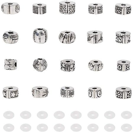 Arricraft 20 pcs Alloy European Beads Dangle Pendant Charms Metal Spacer Beads with 20 pcs Silicone O-Ring Stoppers Fit Snake Style Charm Bracelet, Antique Silver