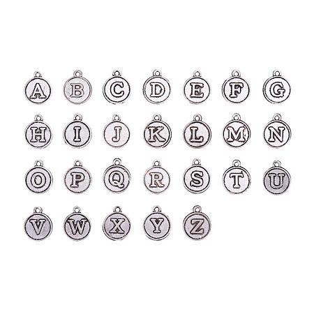PandaHall Elite 104pcs Antique Silver Tibetan Style Alloy Flat Round A-Z Alphabet Charms Pendant Assorted Name Letter Charm for Jewelry Making