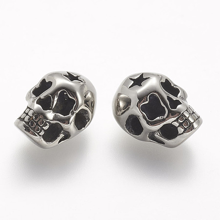 Honeyhandy 304 Stainless Steel Beads, Skull, Antique Silver, 14x11x8.5mm, Hole: 1.8mm