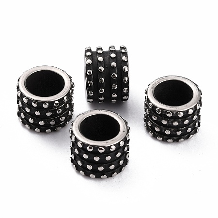 Honeyhandy 304 Stainless Steel European Beads, Large Hole Beads, Column with Polka Dot, Antique Silver, 12.7x9.6mm, Hole: 8.3mm