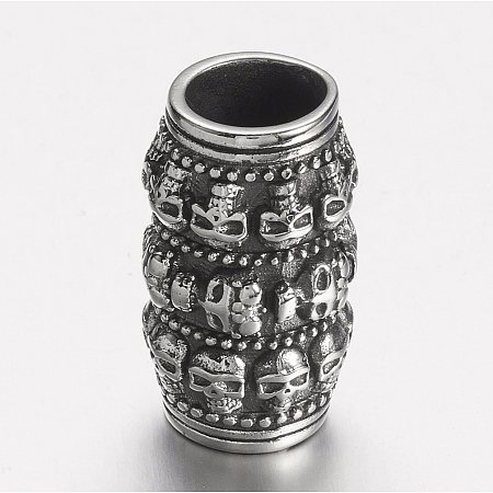 Honeyhandy 304 Stainless Steel Beads, Large Hole Beads, Column with Skull, Antique Silver, 24x14mm, Hole: 8.5mm