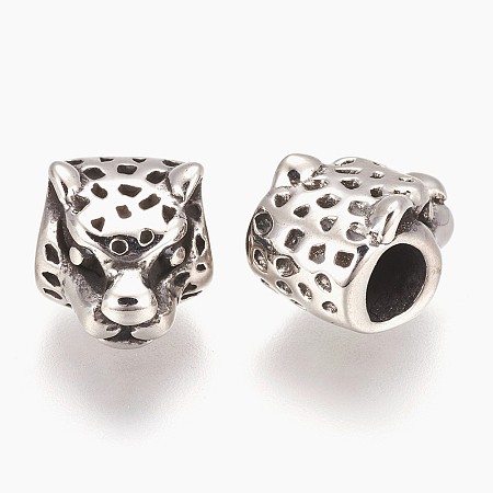 Honeyhandy 304 Stainless Steel European Beads, Large Hole Beads, Leopard, Antique Silver, 9x10.5x13.5mm, Hole: 5mm