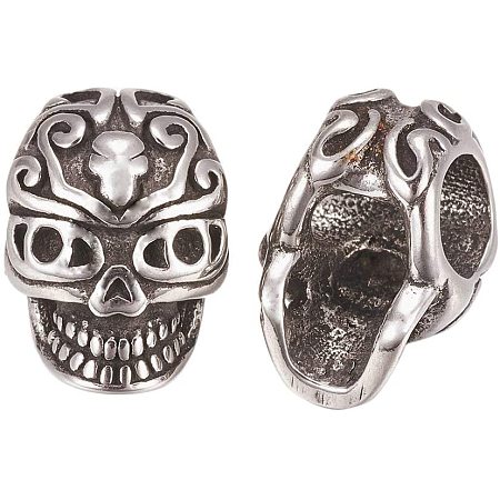 UNICRAFTALE About 10pcs 304 Stainless Steel European Beads Large Hole Beads Skull Beads Antique Silver Beads for DIY Jewelry Making 12x8.5x8mm, Hole 4mm