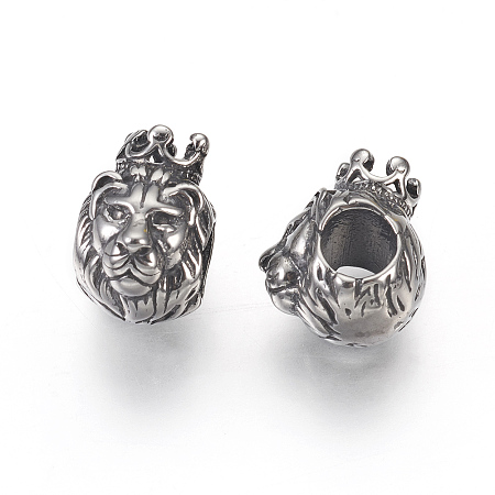 Honeyhandy 316 Surgical Stainless Steel European Beads, Large Hole Beads, Lion, Antique Silver, 12x8x11mm, Hole: 4.5mm