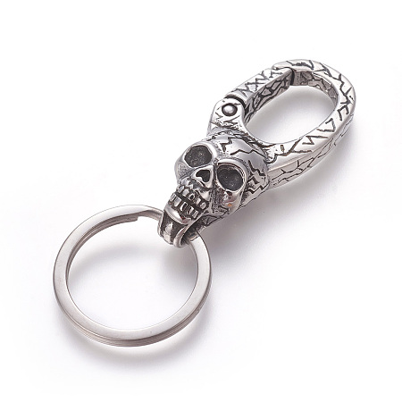 Honeyhandy 304 Stainless Steel Split Key Rings, Keychain Clasp Findings, Skull, Antique Silver, 72.5mm, Ring: 28x2.5mm, 22mm Inner Diameter