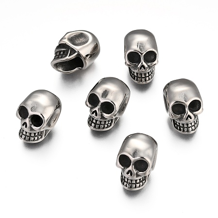 Honeyhandy 304 Stainless Steel European Beads, Large Hole Beads, Skull, Antique Silver, 14.5x10.5x12.5mm, Hole: 4mm