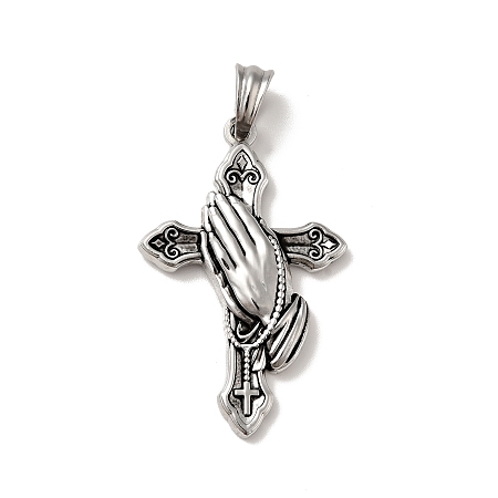 Honeyhandy Tibetan Style 304 Stainless Steel Pendants, Religion Charm, Cross with Praying Hand, Antique Silver, 37.5x24x4mm, Hole: 5x7mm