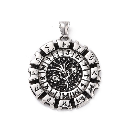 Honeyhandy 304 Stainless Steel Pendants, Flat Round with Viking Rune, Antique Silver, 43x40.5x4mm, Hole: 4x8mm
