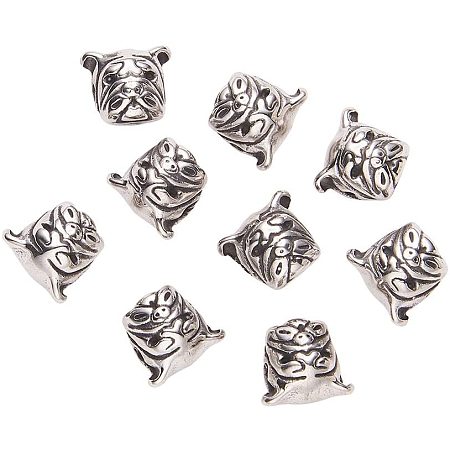 Pandahall Elite 10pcs 2mm Hole Stainless Steel Bulldog Beads Charms Pug Dog Pitbull Puppy Pet Head Bead Spacer Beads Antique Silver European Charm for Necklace Bracelet Pendants Jewelry DIY Accessories
