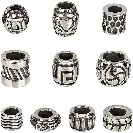 NBEADS 10 Pcs 304 Stainless Steel Beads, Mixed Style European Column Beads Tube /Barrel/Rondelle Shape Spacer Beads for Necklace Bracelet DIY Jewelry Making