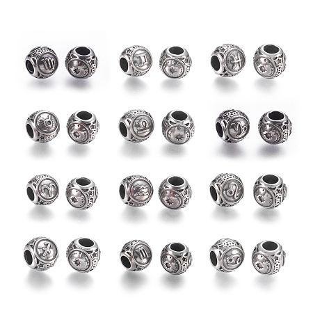 Honeyhandy 12 Constellations 316 Surgical Stainless Steel European Beads, Large Hole Beads, Rondelle, Antique Silver, 10x9mm, Hole:4mm
