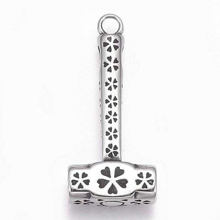 UNICRAFTALE 1pc Hammer with Flower Antique Silver Charms Stainless Steel Pendants Large Hole Dangle Pendants for Bracelet Necklace Jewelry Making 38x17x6.5mm, Hole 3mm