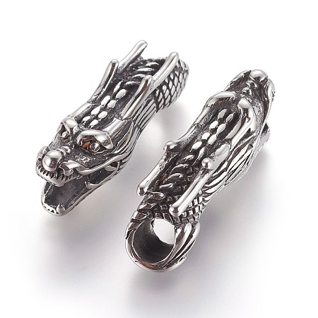 Arricraft 304 Stainless Steel Tube Beads, Dragon Head, Antique Silver, 38x11x14mm, Hole: 7mm