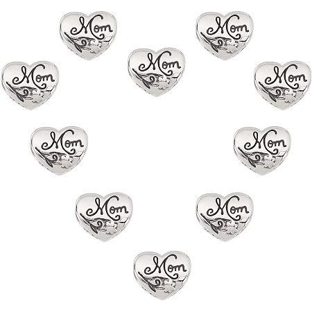UNICRAFTALE About 10pcs Heart with Mom Beads Stainless Steel Loose Beads 5mm Hole Spacer Bead for DIY Bracelets Necklaces Jewelry Making, Antique Silver