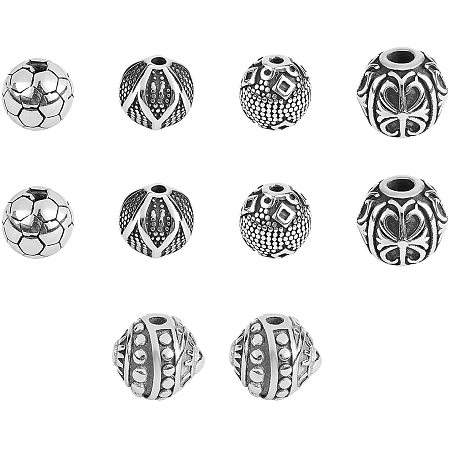 UNICRAFTALE About 10pcs 5 Styles Mixed Shapes Spacer Beads 9-11mm Antique Silver Beads Spacers Stainless Steel Loose Beads for DIY Bracelet Necklace Jewelry Making 1-3.5mm Hole