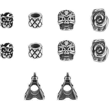 UNICRAFTALE About 10pcs 5 Styles European Beads Stainless Steel Loose Beads 4-6mm Hole Columns/Tower/Flower/Skull Bead Finding for DIY Bracelets Necklaces Jewelry Making, Antique Silver