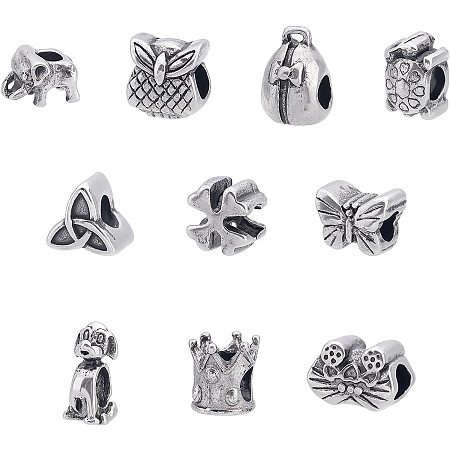 UNICRAFTALE 10 Styles Antique Silver European Beads 10pcs 4-5mm Large Hole Beads Stainless Steel Loose Beads for DIY Bracelets Necklaces Jewelry Making 10mm