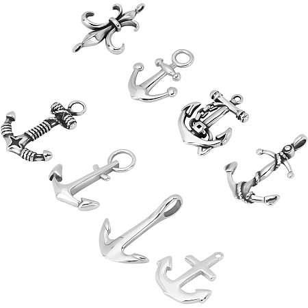 UNICRAFTALE About 8 Styles Anchor Charms Antique Silver Pendant Stainless Steel Pendants Charms Metal Pendant for DIY Necklaces Jewelry Making(1pc/Style) 25-31mm