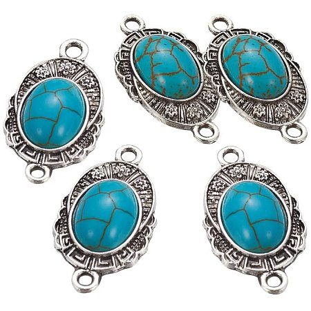 CHGCRAFT 5pcs Synthetic Turquoise Links Oval Antique Silver Turquoise Synthetic Turquoise Links Connectors with Tibetan Style Alloy Findings for Jewelry Making, 30.5x28x2mm, Hole 1.6mm