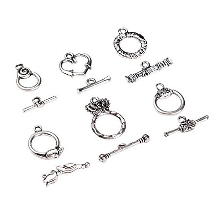 ARRICRAFT 30 Sets (6 Style, 5sets/Style) Antique Silver Tibetan Style Alloy Ring Toggle Clasp Sets Lead Free