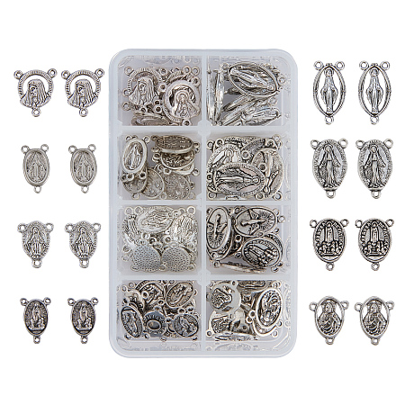 PandaHall Elite 80 Pcs Tibetan Style Rosary Miraculous Medal Oval Center Parts Chandelier Virgin Links 8 Styles for Jewelry Making Antique Silver