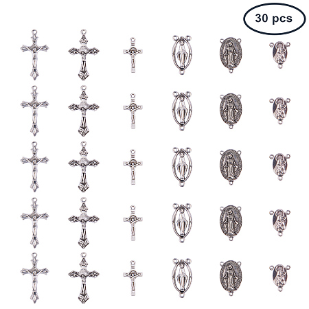 PandaHall Elite 30 Pcs Tibetan Style Rosary Cross and Center Miraculous Medal with Alloy Crucifix Cross Pendants and Oval Chandelier Links 3 Styles for Rosary Holy Beads Necklace Making Antique Silver