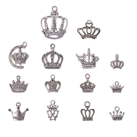 PandaHall Elite About 56 Pcs Tibetan Style Alloy Crown Pendant Charms 14 Styles for Bracelet Necklace Jewelry Making Antique Silver