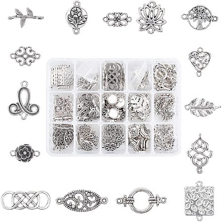 PandaHall Elite 200pcs 15 Styles Connector Charms Tibetan Alloy Pendants Metal Link Connector Charms Spacer Beads for Earring Bracelet Pendants Jewelry DIY Making Antique Silver