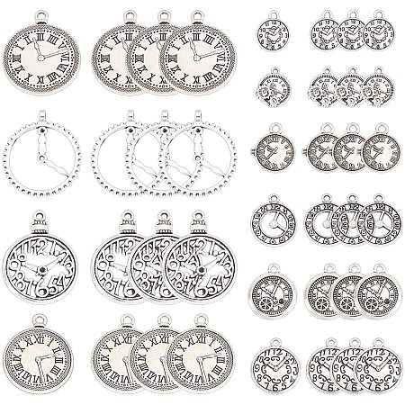 SUNNYCLUE 1 Box 40Pcs 10 Styles Clock Charms Bulk Watches Dial Face Movement Steampunk Pendants Alloy Tibetan Style Pocket Watch Charms for DIY Bracelets Earrings Crafts Making Supplies, Silver