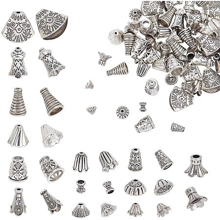 SUNNYCLUE 1 Box 78Pcs 13 Styles Metal Cone Beads Silver Alloy Bead Cap Tibetan Bead Caps Flower End Caps for Jewelry Making Supplies Crafts DIY Handmade Necklaces Bracelet Accessories