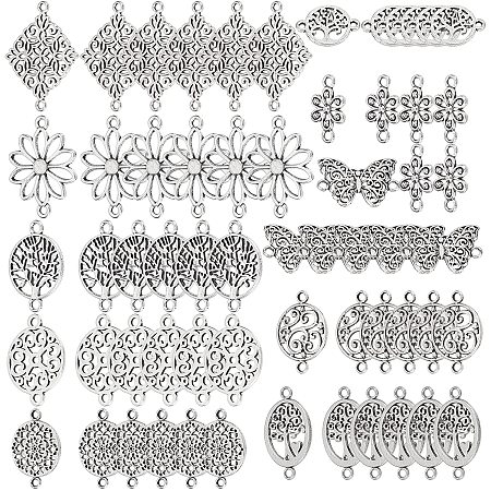 SUNNYCLUE 1 Box 100Pcs 10 Styles Tibetan Style Alloy connectors Charms Flower Flat Round Pendants Butterfly Heart Links Connector Chakra Jewellery Findings for DIY Earring Bracelet Making