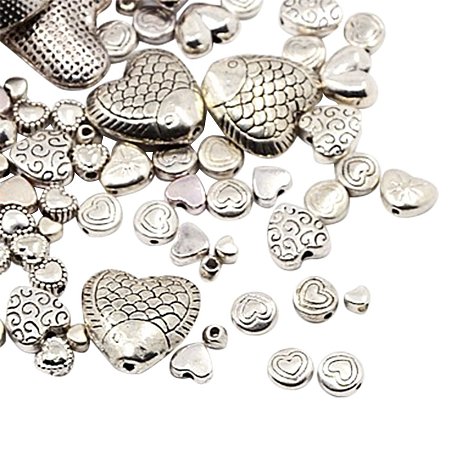NBEADS 500g Tibetan Style Beads, Heart, Mixed Style, Antique Silver, 4~30x4~30x3~10mm, Hole: 1~2mm