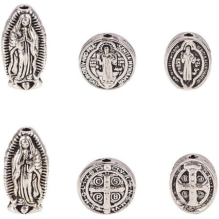 NBEADS 1 Box 60 Pcs Mixed Jesus Virgin Mary Alloy Spacer Beads, Tibetan Style Flat Round and Oval Slide Charms with Saint Benedict for DIY Necklace Bracelet Jewelry Making