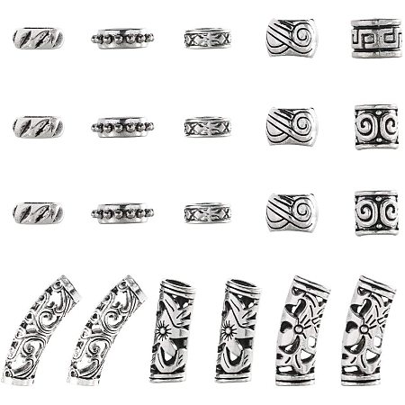 NBEADS 90 Pcs Tibetan Style Alloy Beads, 9 Kinds of Loose Braiding Hair Beads Metal Dreadlocks Tube Column Round Rondelle Beads for African DIY Hair Braiding Ponytail Decoration, Antique Silver