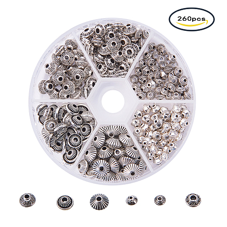 PandaHall Elite 1 Box 260 PCS 6 Style Bicone Antique Tibetan Silver Alloy Spacer Beads Jewelry Findings Accessories for Bracelet Necklace Jewelry Making