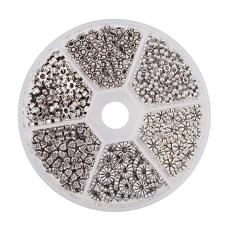 PandaHall Elite 300 PCS 6 Style Antique Silver Tibetan Alloy Spacer Beads Jewelry Findings Accessories for Bracelet Necklace Jewelry Making