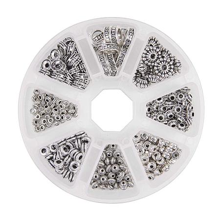 PandaHall Elite 340pcs 8 Style Antique Silver Tibetan Alloy Spacer Beads Rondelle Column Bicone Metal Spacers for Bracelet Necklace Jewelry Making