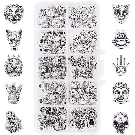 PandaHall Elite 10 Style Animal Jewelry Spacer Beads, 100pcs Lion Crown Skull Leopard Wolf Buddha Head Metal Beads Charms for Earring Bracelet Necklace Making