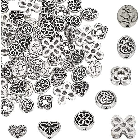 SUNNYCLUE 1 Box 80Pcs 8 Styles Flower Spacer Beads Antique Silver Alloy Hollow Heart Flat Round Oval Loose Spacers Tibetan Style for Jewelry Making Necklaces Bracelets DIY Crafts Supplies