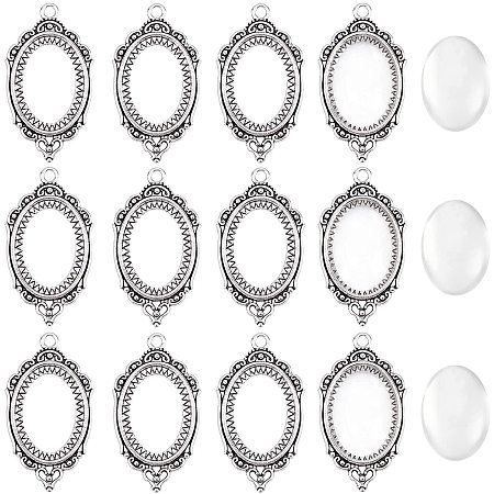 Arricraft 50 Sets Tibetan Style Oval Cabochon Tray Kit 18×25mm, 50 Pcs Pendant Bezel Tray Settings and 50 Pcs Glass Cabochons for DIY Pendant Jewelry Making Kits( Antique Silver )
