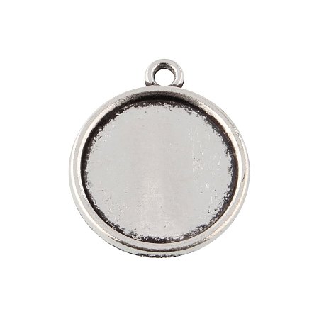 NBEADS 1000g Tibetan Style Antique Silver Alloy Flat Round Pendant Cabochon Settings, Tray: 16mm; 22x19x3mm, Hole: 1mm; about 500pcs/1000g