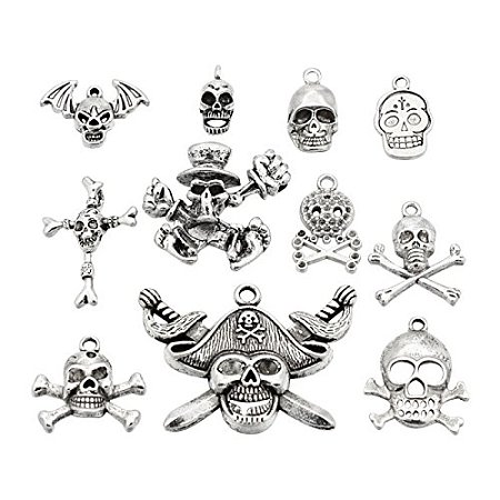 ARRICRAFT 500g Antique Silver Mixed Skull Tibetan Style Pendants for Halloween Crafting Jewelry Making