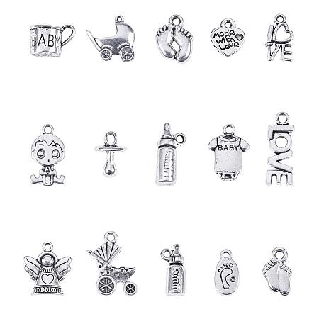NBEADS 1Box 90Pcs/Box Tibetan Style Alloy Pendants Alloy Pendants for Baby Birth Christening Gifts Making, Mixed Shapes, Antique Silver