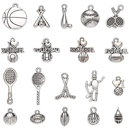 NBEADS 120g Sport Goods Theme Tibetan Style Alloy Pendants, 21 RANDOM MIXED Kinds of Sport Theme Alloy Pendant Charms Jewelry Crafting Supplies for DIY Necklace Bracelet Arts Projects