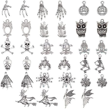 NBEADS 34 Pcs Halloween Theme Alloy Beads, Tibetan Style Spacer Beads Mixed Shapes Alloy Pendnats for Bracelet Necklace Jewelry Making on Halloween