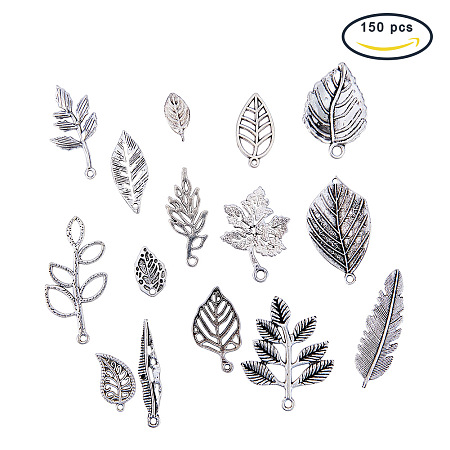 PandaHall Elite 150 PCS 15 Leaf Style Antique Silver Tibetan Alloy Charms Finding for DIY Jewelry Making