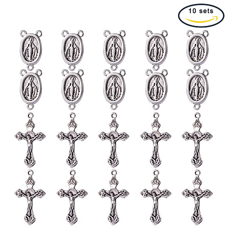 PandaHall Elite 10 Sets Tibetan Style Rosary Cross and Center Miraculous Medal with Alloy Crucifix Cross Pendants and Oval Chandelier Links for Rosary Holy Beads Necklace Making Antique Silver