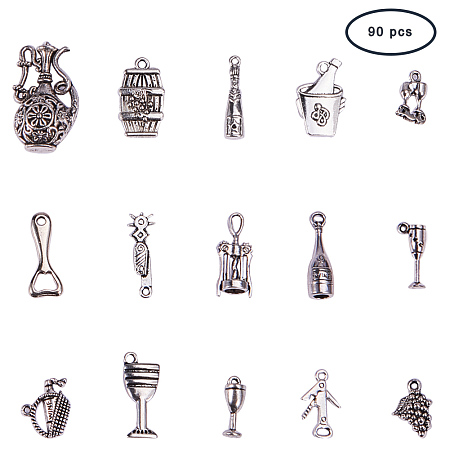 PandaHall Elite 90 Pieces 15 Style Antique Silver Tibetan Alloy Wine Charms for DIY Jewelry Making